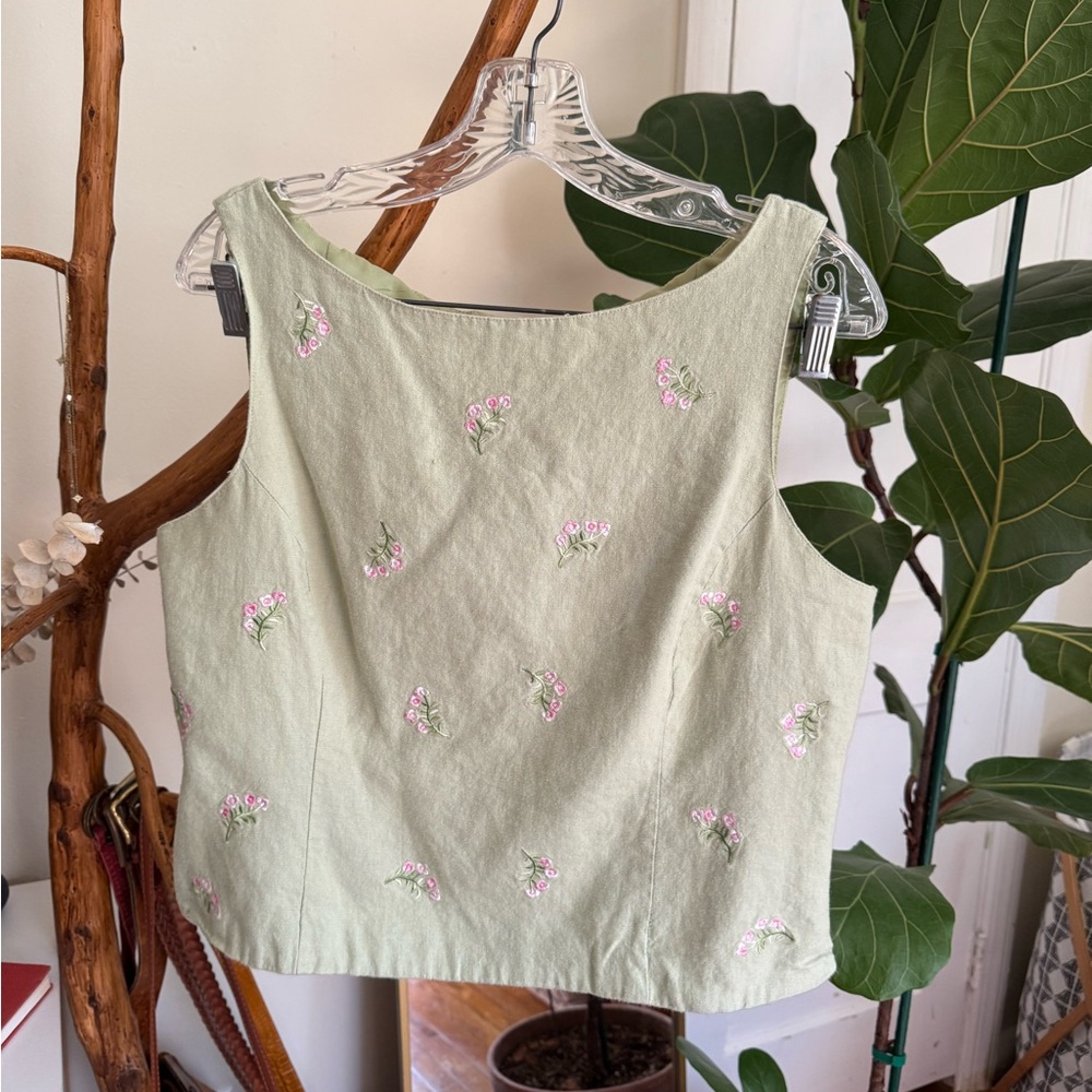 Vintage Green Linen Embroidered Top
